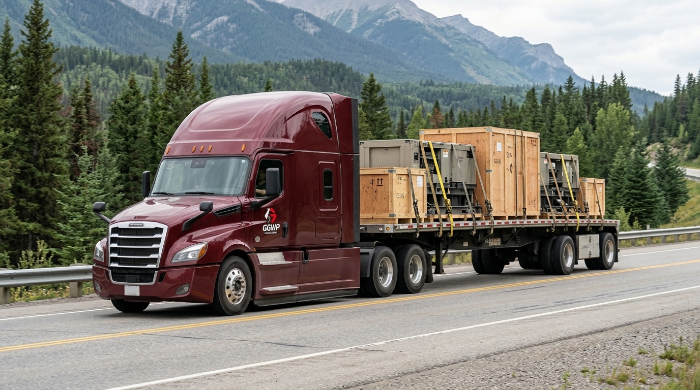 Advertising illustration: GGWP tractor with crated machinery on a forest highway representing Canadian service