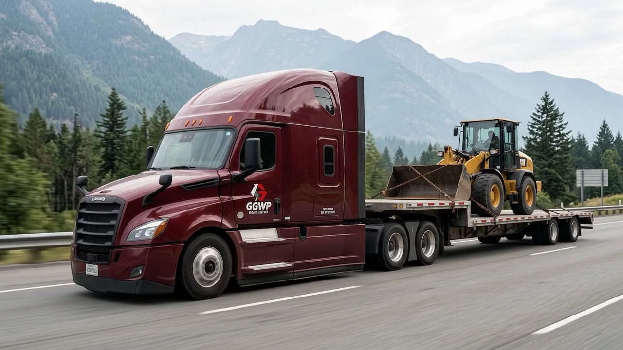 Advertising illustration: burgundy GGWP tractor hauling a wheel loader on a step-deck through the mountains