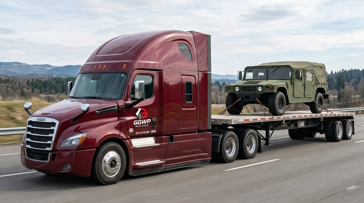Advertising illustration: GGWP tractor hauling an unarmed military Humvee on an open trailer